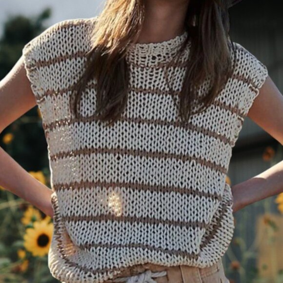 Free People Wave After Wave Ivory Stripe Open Knit Sweater Tank XS Boho Chic - Picture 8 of 8